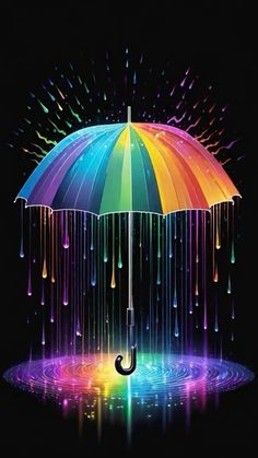 an umbrella with rainbow rain falling down on it