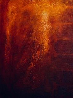 an abstract painting with orange and yellow colors on the bottom half of it, in dark brown tones