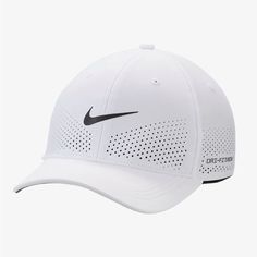 a white hat with black nike logo on the front and side panels, it is shown