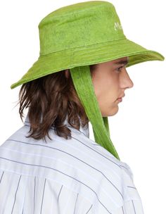 Non-stretch denim bucket hat in green. · Bleached effect throughout · Logo embroidered at face · Quilted brim · Self-tie chin strap · Plain-woven lining Supplier color: Kiwi Spring Adjustable Fit Bucket Hat, Adjustable Fit Spring Bucket Hat, Casual Bucket Hat With Adjustable Fit And Short Brim, Casual Adjustable Fit Bucket Hat With Short Brim, Casual Bucket Hat With Adjustable Fit And Flat Brim, Casual Adjustable Fit Bucket Hat With Flat Brim, Spring Adjustable Fit Brimmed Bucket Hat, Adjustable Fit Brimmed Bucket Hat For Spring, Spring Adjustable Brimmed Bucket Hat