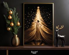 a painting of a woman standing in front of a christmas tree with gold ornaments on it