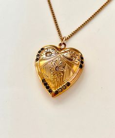 Vintage Antique Heart Locket 14K Gold Filled Stones Floral Hand Engraved, Art Deco Heart Locket Necklace Elegant Filigree Heart Pendant Locket Necklace, Elegant Heart Pendant Locket Necklace With Filigree, Keepsake Yellow Gold Filigree Jewelry, Heart-shaped Gold Jewelry With Vintage Charm, Elegant Heart Shaped Filigree Locket Necklace, Vintage Rose Gold Jewelry With Intricate Design, Anniversary Filigree Yellow Gold Locket Necklace, Heirloom Jewelry For Valentine's Day, Vintage Charm Heart-shaped Yellow Gold Jewelry