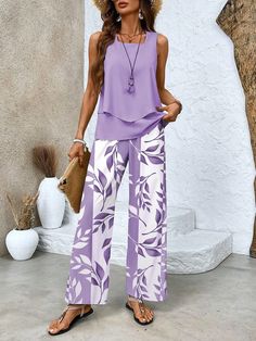 Women's Leaf Daily Going Out Two Piece Set Sleeveless Casual Summer Top With Pants Matching Set Top With Pants, Casual Summer Tops, Fashion Catalogue, Print Pants, Lace Maxi, Clothes Crafts, Summer Fashion Outfits, Suit Set, Casual Top