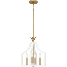 a white and gold chandelier with three candles hanging from the bottom, on a white background