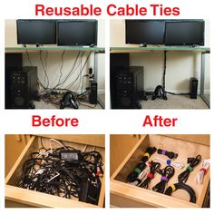 four different views of the same table with wires and cords in it, before and after reusable cable ties