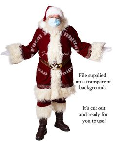 a man dressed as santa claus wearing a face mask and holding his hands out to the side