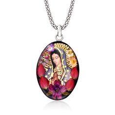 Ross-Simons - Our Lady of Guadalupe Pendant Necklace, Dried Flowers. 18". Artfully crafted in Mexico, this meaningful pendant necklace features a rendering of Our Lady of Guadalupe among colorful dried flowers set in resin. Finely crafted in polished sterling silver and suspended from a popcorn chain with a 2" extender. Lobster clasp, Our Lady of Guadalupe pendant necklace. Multicolor Our Lady Of Guadalupe Jewelry As A Gift, Multicolor Our Lady Of Guadalupe Jewelry Gift, Spiritual Oval Our Lady Of Guadalupe Necklace, Spiritual Oval Necklace Featuring Our Lady Of Guadalupe, Oval Our Lady Of Guadalupe Necklace For Gift, Oval Our Lady Of Guadalupe Necklace Gift, Our Lady Of Guadalupe, Lady Of Guadalupe, Fine Jewellery Necklace