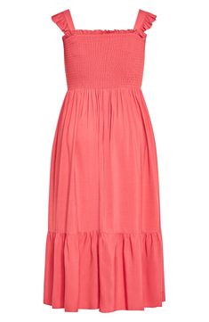 A smocked bodice creates fabulous shape on this flowy, lightweight midi dress designed with frothy ruffles at the straps that make it perfect for a sunny-weather OOTD. Slips on over head Square neck Unlined 100% viscose Hand wash, dry flat Imported Flowy Smocked Midi Dress, Pink Midi Dress With Ruffled Straps For Brunch, Flowy Smocked Bodice Dress With Ruffled Straps, Flowy Dress With Smocked Bodice And Ruffled Straps, Summer Midi Dress With Ruched Bodice And Ruffled Straps, Feminine Ruched Midi Dress With Ruffled Straps, Pink Midi Dress With Spaghetti Straps And Ruffle Hem, Summer Sundress With Gathered Waist, Midi Length, Flowy Midi Dress With Ruffle Hem And Straps