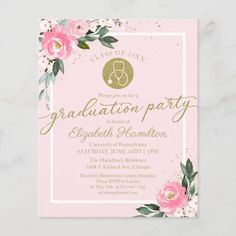 a pink and gold graduation party card with flowers on the front, in white lettering