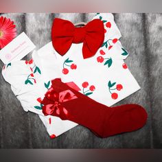 Bundle Includes Cherry Onsie, Red Knee Length Socks, Red Bow Headband Fitted Red Cotton Socks, Cute Red Socks For Gifts, Playful Red Socks For Winter, Cute Red Cotton Socks, Red Cotton Socks For Spring, Playful Red Winter Socks, Playful Red Cotton Socks, Cute Red Socks, Red Bow Headband