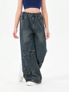 Tween Girl Blue Denim Jeans With Five-Pointed Star, Frayed Hem And Wide-Leg Casual Pants Blue    Denim Geometric,Plain Straight Leg Non-Stretch All Tween Girls Clothing, size features are:Bust: ,Length: ,Sleeve Length: Star Pants, Star Boy, Jean Large, Casual Wide Leg Pants, Jeans Casual, Star Jeans, Cute Jeans, Jeans Kids, Girls Denim