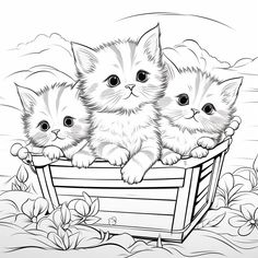 three kittens are sitting in a wooden box