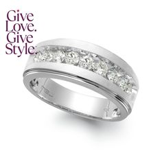 a white gold ring with channeled diamonds on the side and give love, give style