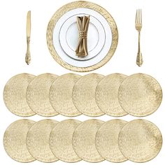 PRICES MAY VARY. Include 12 pack gold round metallic vinyl placemats, made of high quality PVC, well made, very durable. Easy clean with a damp cloth, dry very quickly, then look perfectly new again. The diameter measures 15'', fits most dishes size, suitable for daily use, making your home a warmer and restful atmosphere. Stylish sky design placemat gives your dinner table a special touch, ideal for kitchen table, dining hall, entryway desk, dinner table or parties. With subtle gold color and a Gold Centerpieces For Dining Table, White Beige Gold Wedding Decor, Simple Dinner Decor, Gold Placemats Wedding, Centerpiece For Rectangle Table, White Gold Kitchen Decor, Black And Gold Dinner Table Setting, Gold And Silver Table Setting, African Wedding Theme Decoration