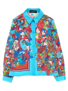 Satin shirt with floral print, button closure, long cuffed sleeves. Composition: 100% polyester Versace Shirts, Versace Kids, People Fall In Love, Kenzo Kids, Satin Shirt, Stella Mccartney Kids, Gianni Versace, Luxury Shop, Floral Shirt