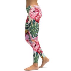 Flamingo Leggings - GearBunch Trendy Spring Beach Activewear, Trendy Beach Activewear For Spring, Summer Stretch Yoga Pants, Casual Stretch Yoga Pants For Beach, Casual Stretch Leggings For Beach, Stretch Leggings For Beach In Summer, Summer Stretch Bottoms With Tropical Print, Stretch Summer Workout Leggings, Trendy Pink Yoga Pants