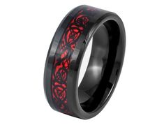 "Dragon Inlay Black Red Tungsten Ring  Material: Tungsten Width: 8mm  Black  Waterproof  Flat Design Red Dragon Design  Beveled Edges  Comfort Fit  Flat Design  Cobalt Free Sizes: 7 -15 Gemstone: NA Uses: Wedding,Engagement,Anniversary,Graduation etc..  * Tungsten has become one of today's most popular contemporary metal choices for men and women's rings. Tungsten Carbide metal is the hottest in the market and it has a attractive look. Tungsten Carbide is so strong that it can take any beating a Engraving Ring, Viking Culture, Celtic Dragon, Tungsten Mens Rings, Viking Ring, Engraved Ring, Wolfram, Gravure Laser, Wedding Band Ring