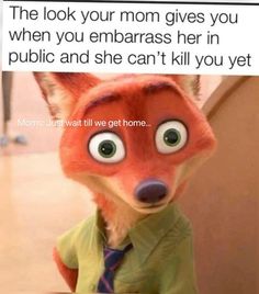 a red fox wearing a green shirt and tie with the caption moms just will we get home