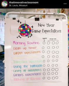 a new year's resolution sign is posted on a bulletin board in a classroom