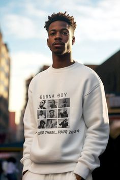 "Comfort color Burna Boy sweatshirt, \"I Told Them\" album, and merch shirt for 2024 tour  Ideal for any situation, a unisex heavy blend crewneck sweatshirt is pure comfort. The NuBlend® fleece is pre-shrunk, pull-resistant, and quarter-turned so it won't crease in the middle.  -Made from 50% polyester and 50% sustainably sourced USA cotton, they're very soft to the touch. -Medium-heavy fabric (8.0 oz/yd² (271 g/m -Regular fit -Tear-away label -Many available colors -Sizes (S-3XL)" Streetwear Crew Sweatshirt With Custom Print, Hip Hop Graphic Sweatshirt For Concerts, Hip Hop Graphic Print Sweatshirt For Concert, Streetwear Custom Print Crew Top, White Band Merch Sweatshirt For Concerts, Pop Culture Graphic Print Sweatshirt For Streetwear, Urban Crew Neck Sweatshirt For Fan Merchandise, Pop Culture Screen Print Sweatshirt For Streetwear, Urban Sweatshirt With Graphic Print For Fans