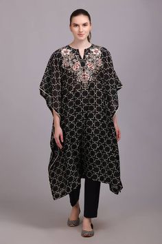 Black geometric printed kaftan with embroidered front, back yoke and laced sleeves border. Paired with a plain straight pant. - Aza Fashions Traditional Printed Motifs Kaftan Tunic, Black Bohemian Kaftan For Eid, Bohemian Black Kaftan For Eid, Bollywood Style Black Kaftan With Dabka, Black Bollywood Kaftan With Dabka, Traditional Tunic Kaftan With Printed Motifs, Festive Black Dabka Kaftan, Silk Kaftan With Chikankari Embroidery Tunic, Unstitched Bohemian Kaftan Tunic