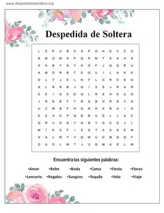 the spanish word search is shown with pink roses