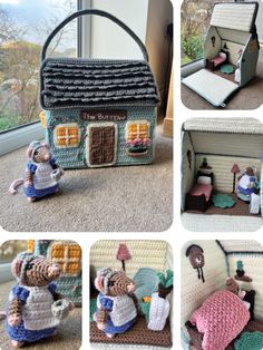 crocheted dollhouse made to look like a house with people outside and inside