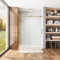 a bathroom with a walk in shower next to a wooden shelf filled with white towels