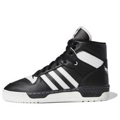 adidas Rivalry Hi 'Black White' BD8021 (SNKR) Adidas High-top Sneakers With Logo, Adidas Logo Leather High-top Sneakers For Streetwear, Adidas Leather High-top Sneakers For Streetwear, Leather High-top Adidas Sneakers For Streetwear, Black Adidas Leather Basketball Shoes, Urban Black Sneakers With Three Stripes, Adidas High-top Sneakers With Three Stripes, Adidas High-top Sneakers, Urban Adidas Logo High-top Leather Sneakers