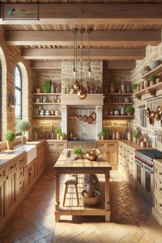 a large kitchen with lots of wooden cabinets