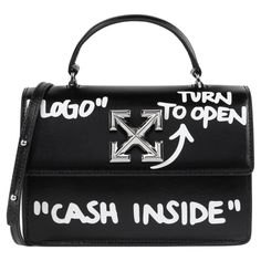 OFF-WHITE c.2019 "Jitney 1.4” Black Leather White ‘Cash Inside' Graffiti Handbag Brand/Manufacturer: Off-White Collection: Pre-Fall 2019 Designer: Virgil Abloh Manufacturer Style Name: "Jitney” Style: Crossbody bag Color(s): Black, white, silver; interior: red Lined: Yes Unmarked Fabric Content (feel of): Exterior/Interior: Leather; Hardware: Metal Additional Details / Inclusions: Off-White Pre-Fall 2019 Black leather "Jitney 1.4” Cash Inside crossbody handbag. Structured convertible crossbody h Off White Bag, White Crossbody Bag, Black Leather Top, Fancy Shoes, Leather Label, Anya Hindmarch, Virgil Abloh, Branded Handbags, Louis Vuitton Twist Bag