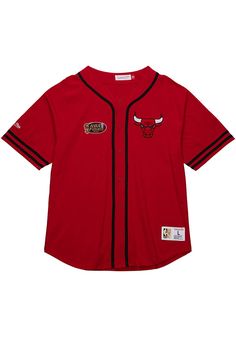 Hit your Chicago pride out of the park with this Chicago Bulls Red Vintage Logo Jersey! You'll be the best-looking fan in the stadium when you pull on this Chicago Bulls Baseball Jersey, which features a embroidered vintage team logo on left chest, team name on back. Go Bulls! Button down, Embroidered team logo on left chest, Team name on back, Mitchell & Ness woven jock tag at left hem, Shirttail hem, Fit: True to Size, 100% Cotton ringspun, 4 Red Team Spirit Baseball Jersey For Streetwear, Red Baseball Jersey With Team Spirit For Streetwear, Red Baseball Jersey For Streetwear With Team Spirit, Red Varsity Baseball Jersey With Team Logo, Red Baseball Jersey With Team Logo For Baseball Season, Red Varsity Baseball Jersey For Fans, Red Baseball Jersey With Team Logo For Game Day, Varsity Red Baseball Jersey For Sports Season, Collegiate Red Baseball Jersey For Streetwear