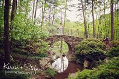 a stone bridge over a stream surrounded by trees