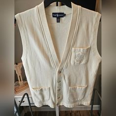 Questions? Leave A Comment Below! *2 Small Stains, One On The Front, Very Very Faint. One On The Inside Of Neck That Cannot Be Seen When Worn. Otherwise Incredible Condition!! White Cotton Cardigan With Pockets, Vintage White V-neck Outerwear, Classic White V-neck Outerwear, White V-neck Classic Outerwear, Classic White Cardigan With Pockets, Ralph Lauren White Winter Outerwear, Ralph Lauren White Winter Top, White Ralph Lauren Tops For Winter, Casual Cotton Ralph Lauren Cardigan