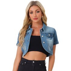 The relaxed fit and effortlessly cool vibe of this crop jean jacket instantly elevate any outfit. Whether you're heading to brunch, a music festival, or a casual night out, this jacket will effortlessly complete your look. This jacket is incredibly versatile and can be easily paired with any outfit. Layer it over a sundress for a cute and casual look or throw it on with jeans and a t-shirt for an effortless everyday style. Cropped Denim Blue Denim Jacket For Summer, Cropped Denim Blue Jacket For Summer, Summer Cropped Denim Blue Jacket, Cropped Denim Jacket For Summer, Cropped Dark Wash Denim Jacket For Summer, Trendy Cropped Denim Top With Pockets, Summer Cropped Medium Wash Outerwear, Trendy Cropped Dark Wash Denim Top, Trendy Denim Blue Denim Vest For Spring