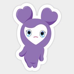 a purple sticker with an animal face and blue eyes, in the shape of a heart