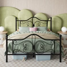 a bed with green headboard and pillows in a room that has checkered flooring