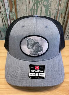 Full Strut Turkey Patch Trucker Hat AG Outfitters Exclusive Design, art by Dustin Dattilio! Richardson 112 brand hat Adjustable Baseball Cap For Fall, Gray Trucker Hat One Size, Gray Trucker Cap, Black Snapback Hat For Fall, Marque Richardson, Snap Back, Snap Backs, Trucker Cap, Exclusive Designs