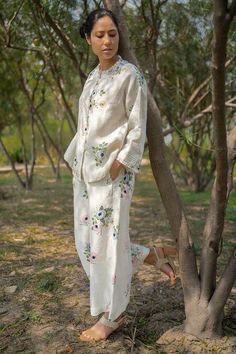 Buy Ivory Linen Printed Floral Round Top And Pant Set For Women by Arcvsh by Pallavi Singh Online at Aza Fashions. Spring Long Sleeve Pant Set With Printed Motifs, Spring Floral Print Cotton Pant Set, White Floral Print Pant Set For Summer, Traditional Floral Print Sets For Summer, Traditional Floral Print Summer Sets, Bohemian Spring Pant Set With Printed Motifs, Traditional Summer Sets With Floral Print, White Summer Sets With Set-in Sleeves, Bohemian Spring Sets With Printed Motifs