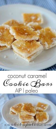 coconut caramel cookie bars on a white plate