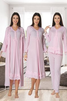 LohusaHamile 2426 Maternity Pajamas Maternity Nightgown Set with Robe  Cotton Fabric There are 4 pieces of product in the package ( Maternity Pajamas, Maternity Nightdress and Maternity Robe ) This Products have breastfeeding feature Pajamas and nightgown are long sleeved Adjustable at the waist There is a Belt in the Pachage it's a model that you can use after postpartum period Attention, There is no CROWN and SLIPPERS in the Package Size Range; if your weight's 60-70 Kilograms or 132 Ib - 154 Feminine Sets For Home, Feminine Long Sleeve Sets For Daywear, Feminine Long Sleeve Bedtime Sets, Feminine Long Sleeve Sleepwear Set, Feminine Long Sleeve Sleep Sets, Feminine Pink Sets For Wedding Night, Pink Matching Sets For Daywear, Delivery Hospital Gown, Maternity Nightgown