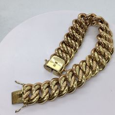 "Retro Art DecoThree Color 14K Gold Bracelet 1920-40s Vintage Jewelry 52.7 Gram 7 3/4 Inch 52.7 gram Hallmarked & \"585\", acid tested 14K gold  3/4 inch wide 7 3/4 inch 5/16 inch thick Well cared for, no damage, no abrasion, no scuff marks, functional, see pictures In excellent condition, no damage, no evidence of repairs, see pictures  American Made, 1940s, maybe earlier" Antique Gold Bracelet Stamped 14k, Antique 14k Stamped Gold Bracelet, Antique Yellow Gold Bracelets For Formal Occasions, Antique Yellow Gold Bracelet For Formal Occasions, Antique Yellow Gold Jubilee Bracelet, Victorian Yellow Gold Bracelet For Formal Occasions, Antique 14k Gold Formal Bracelets, Antique 14k Gold Bracelets For Formal Occasions, Vintage Yellow Gold Engraved Bracelet