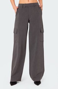 A beloved classic meets a modern take on these cargo pants featuring a relaxed fit and multiple pockets. Zip fly with hook-and-bar closure Front slant pockets; back welt pockets; cargo flap pockets 92% polyester, 5% spandex Machine wash, dry flat Imported Straight Leg Trousers, Welt Pockets, Flap Pocket, Welt Pocket, Bottoms Pants, Cargo Pants, Dark Gray, Womens Bottoms, Straight Leg