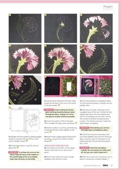 the instructions for how to make an embroidered flower with flowers and leaves on black paper