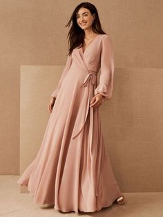 Cameo Brown Evening Dress A-Line V-Neck Long Sleeves Matte Satin Floor — Bridelily Brown Evening Dresses, Pleated Satin Dress, Simple Bridesmaid Dresses, Fabric Embellishment, Mode Abaya, Muslim Fashion Dress, Muslim Fashion Outfits, فستان سهرة, Matte Satin