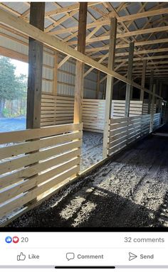 the inside of a barn with wood slats