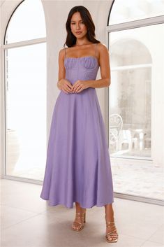 Length from bust to hem of size S: 116cm. Chest: 36cm, Waist: 32cm, across front only of size S. Maxi dress. Lined. Model is a standard XS and is wearing size XS. True to size. Non-stretch. Tie-up back. Underwire. Pleated top. Flowy skirt. Zipper with hook eye closure. Cold hand wash only. Polyester. Isn't she dreamy? The Giving Hugs Maxi Dress features a gorgeous tie-up back, an underwire to the top and a flowy skirt. Style with heels and curls for a 'fit we love! Dress Lilac, Skirt Zipper, Pleated Top, Pleat Top, Lavender Wedding, Lilac Dress, Skirt Style, Flowy Skirt, Hook Eye