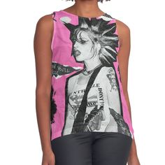 Women's sleeveless tank with vivid edge-to-edge sublimation print on front. Spliced materials for comfort. Front panel made from silky chiffon and solid color black or white jersey back. Sizes available XS- 2XL. BRODY DALLE THE DISTILLERS T-SHIRT MERCH Edgy Pink Summer Tops, Sleeveless Tops With Sublimation Print For Summer, Summer Punk Style Vest Top, Summer Sublimation Print Sleeveless Tank Top, Sleeveless Cotton Top With Sublimation Print, Sleeveless Sublimation Print Tank Top For Summer, Summer Sleeveless Tank Top With Sublimation Print, Pink Punk Style Summer Tops, The Distillers