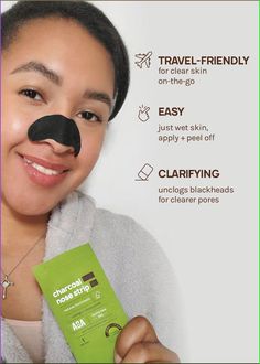 Unclog and clean out your nose pores with these charcoal nose strips! Infused with aloe and witch hazel for gentle removal Travel friendly and easy to use How to use: clean and slightly dampen nose Peel off backing from nose strip and apply to nose Wait 10-15 minutes and gently remove Recommended to use 1-2 times per week to keep pores clean! *one nose strip included. Facials For Acne, Nose Peeling, Diy Acne Mask, Get Rid Of Acne Fast, Nose Pores, Ad Ideas, Blackhead Mask, Acne Mask, Get Rid Of Acne