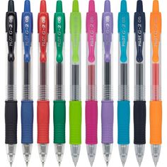 six different colored pens lined up in a row with the same pen on each side